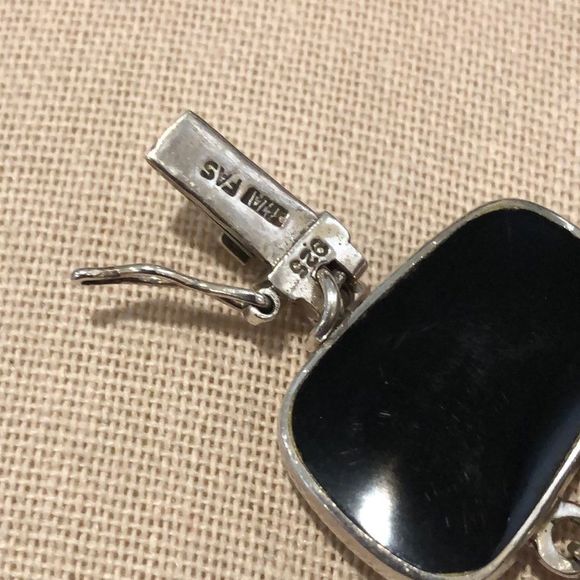 Sterling Silver Mother of Pearl Black & Turquoise Cabochon Linked Bracelet - Picture 5 of 10